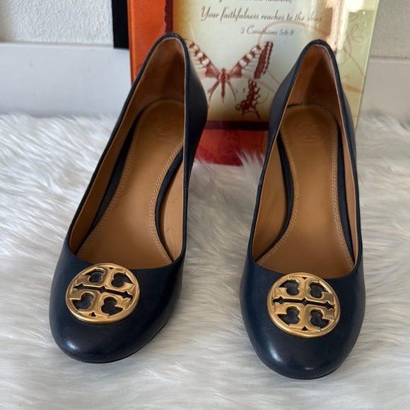 Tory Burch Shoes - Tory Burch Chelsea 65 Leather Wedge Pumps Navy